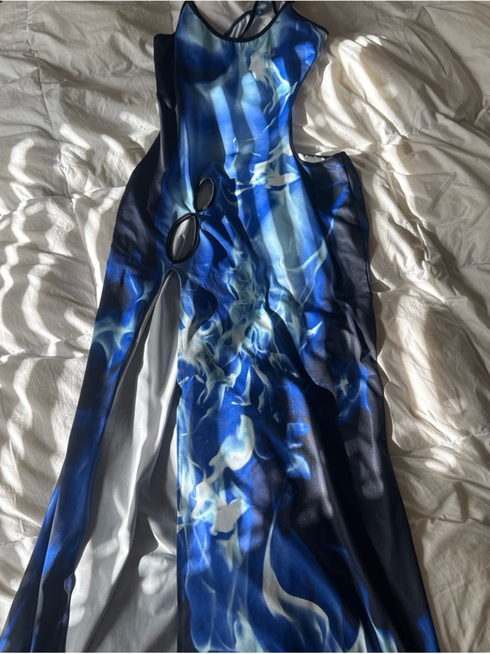 Blue Flame Print Maxi Dress with Cutout Detail